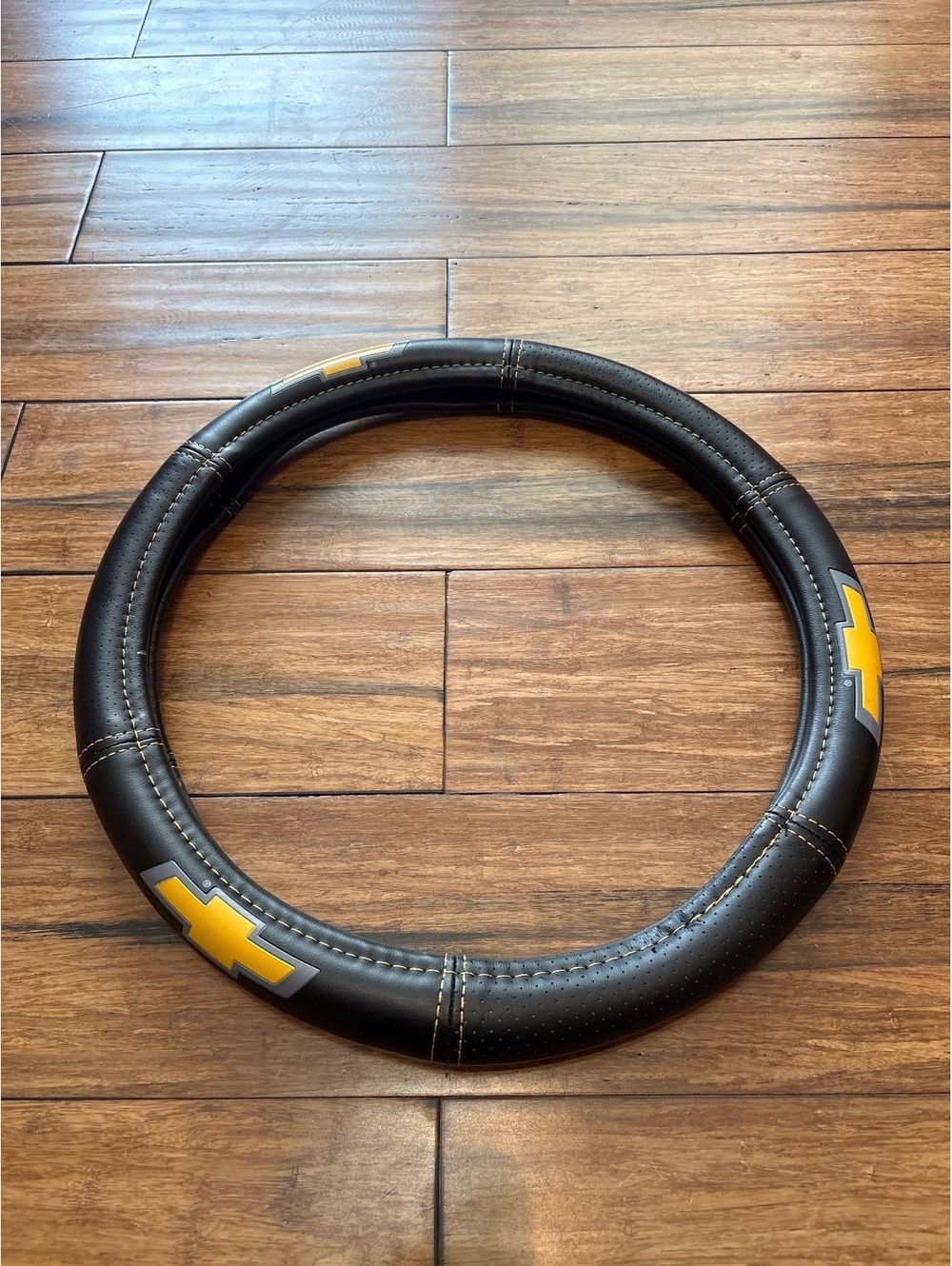 Chevrolet Black Leather Steering Wheel Cover Bow Tie Yellow Logo